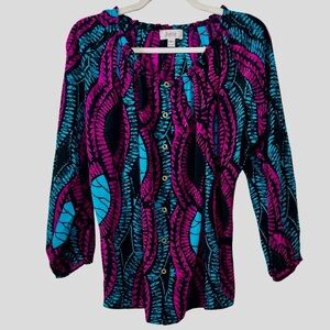 Luna Vintage Pink and Blue Retro Rope 80s Print Silk Button Up Blouse Medium